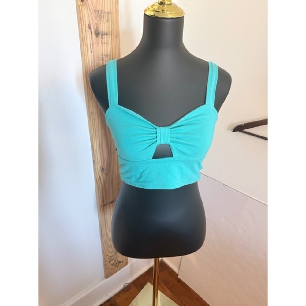 Forever 21 Crop Top Womens Medium‎ Teal Bow Front Keyhole Cutout Ribbed